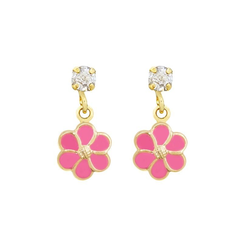 BRINCO INFANTIL COM PINGENTE DE FLORZINHA RESINADA BANHADO A OURO