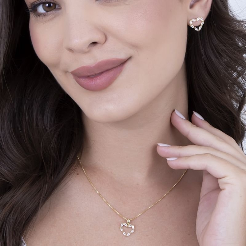 BRINCO E COLAR CORAÇÃO ZIRCONIA TRAPÉZIO BANHADO EM OURO
