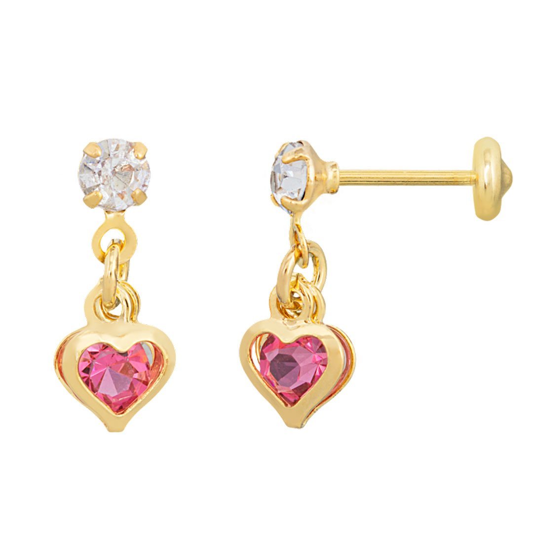 BRINCO INFANTIL PEDRINHA COM CORAÇÃO PENDURADO BANHADO À OURO 18K