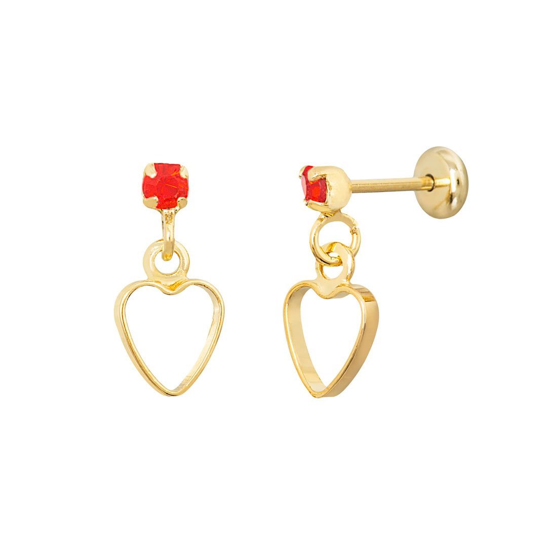 BRINCO INFANTIL PEDRINHA CORAÇÃO VAZADO PENDURADO BANHADO A OURO