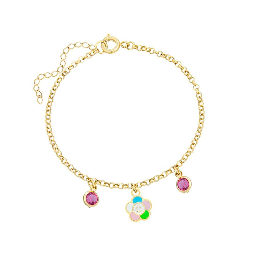 PULSEIRA INFANTIL FLOR FELIZ RESINADA COM PEDRAS BANHADO A OURO