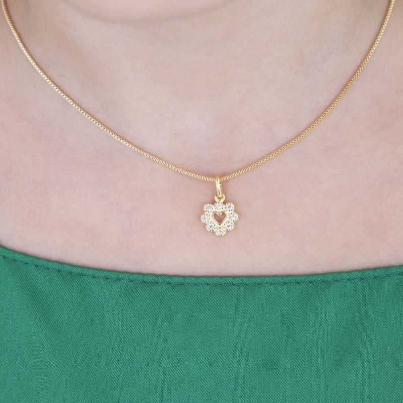 CONJUNTO INFANTIL BRINCO E COLAR CORAÇÃO CRAVEJADO BANHADO A OURO