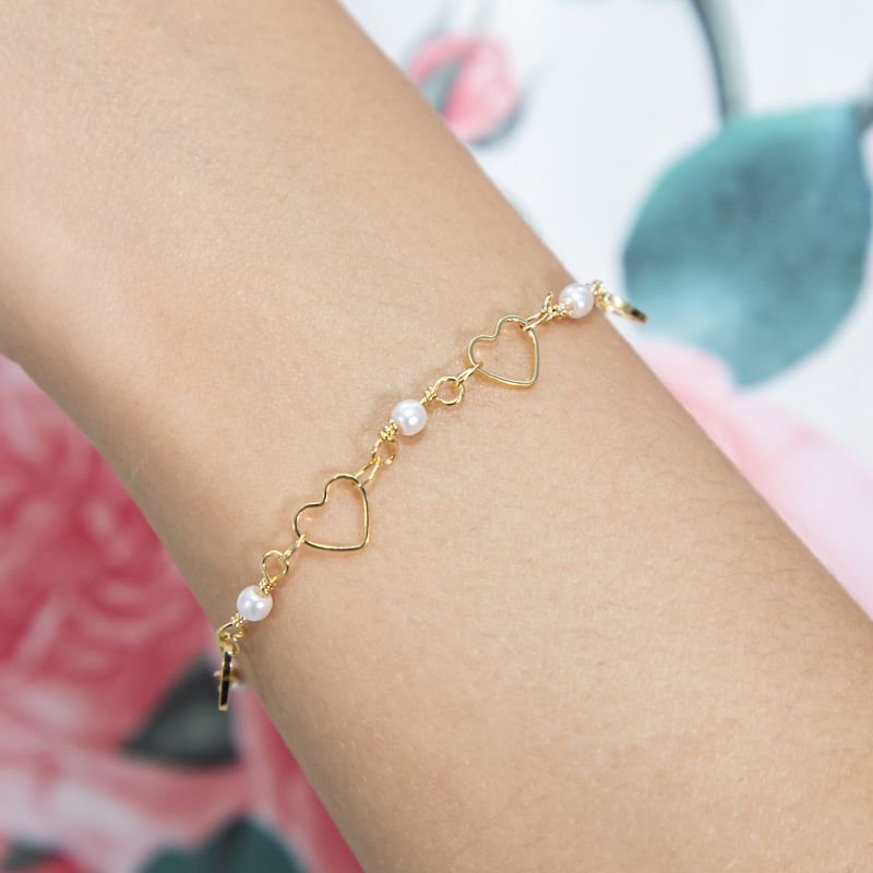 PULSEIRA INFANTIL CORAÇÃO COM PEROLAS
