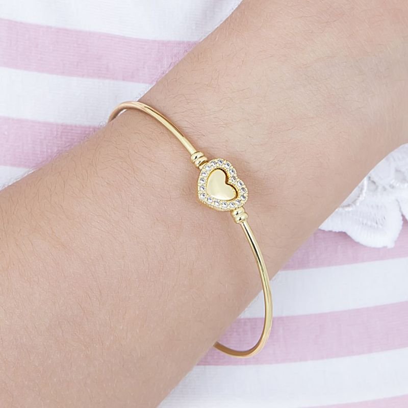 BRACELETE INFANTIL CLICK DE CORAÇÃO CRAVEJADO BANHADO EM OURO