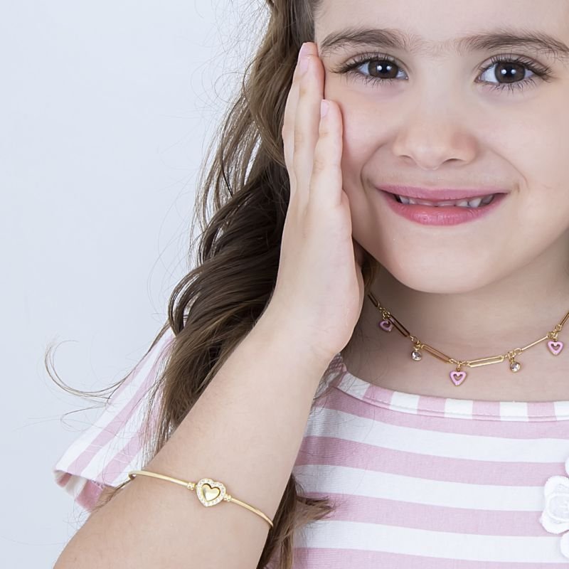 BRACELETE INFANTIL CLICK DE CORAÇÃO CRAVEJADO BANHADO EM OURO