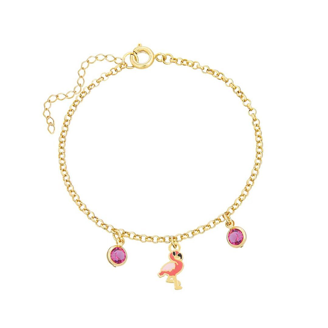 PULSEIRA INFANTIL FLAMINGO RESINADO COM PEDRAS BANHADO A OURO