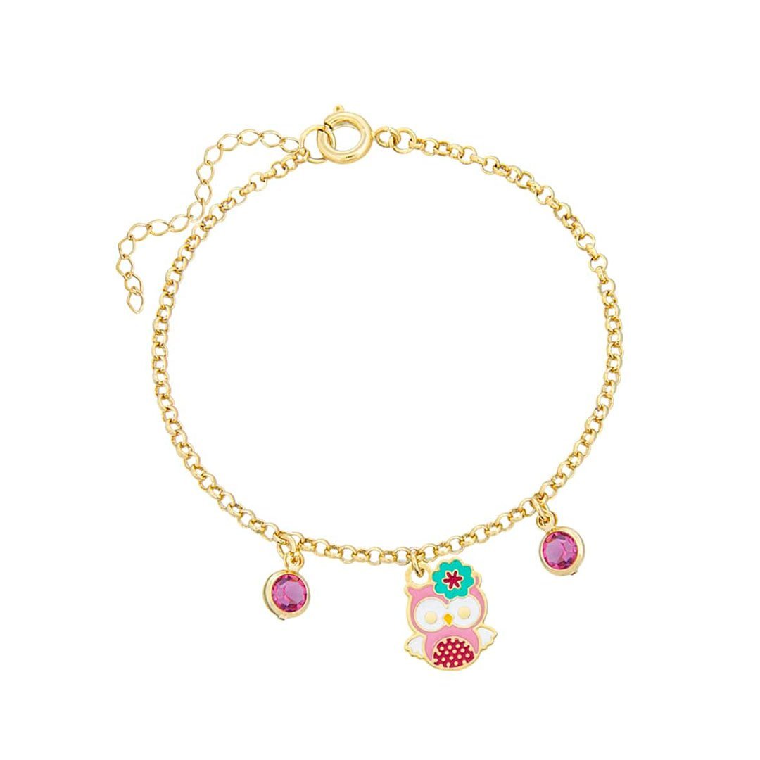PULSEIRA INFANTIL CORUJA RESINADA COM PEDRAS BANHADO A OURO