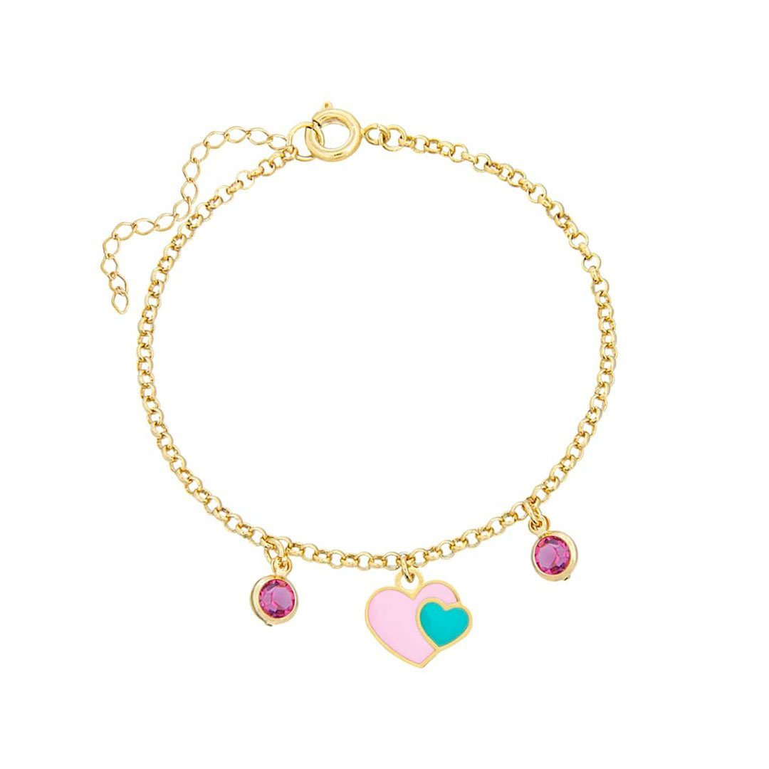 PULSEIRA INFANTIL DOIS CORAÇÕES RESINADOS COM PEDRAS BANHADO A OURO