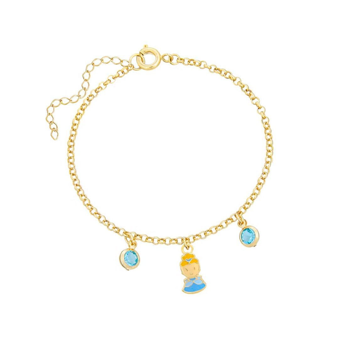 PULSEIRA INFANTIL PRINCESA VESTIDO AZUL RESINADA BANHADO A OURO
