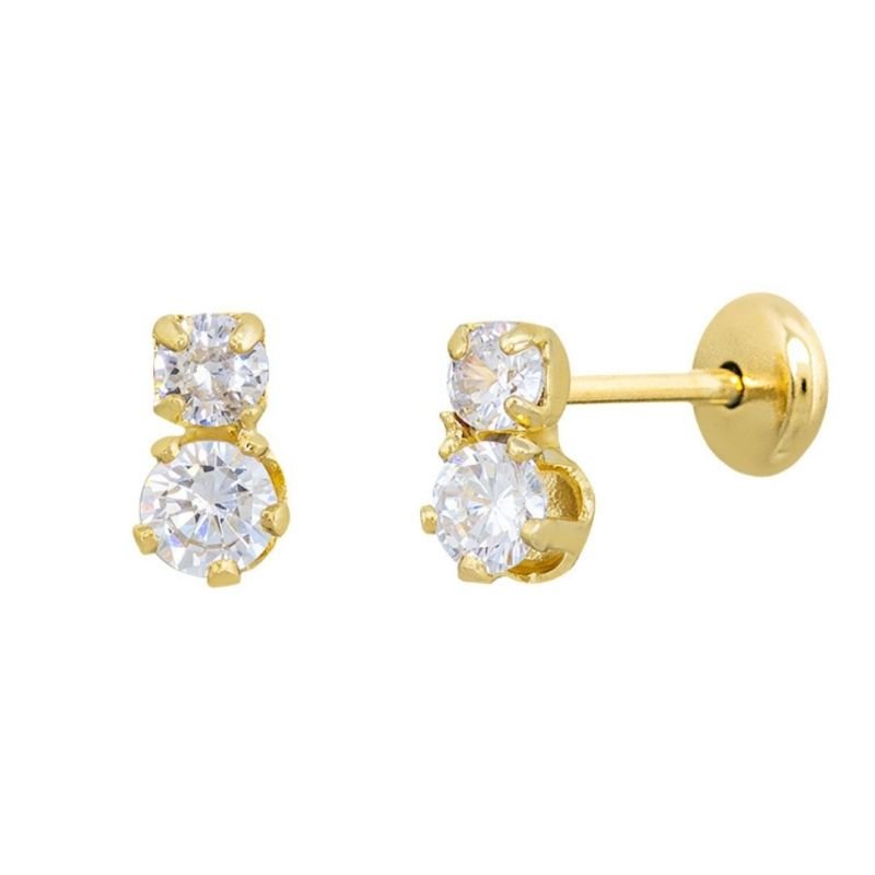 BRINCO BEBÊ DUAS PEDRINHAS CRAVEJADAS BANHADO EM OURO