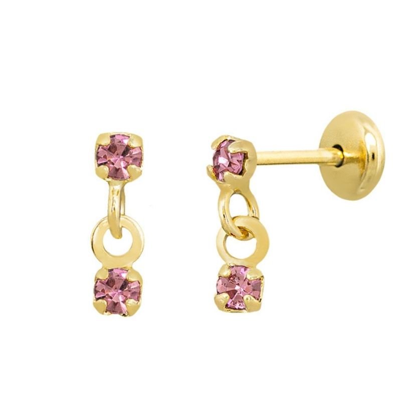 BRINCO BEBÊ DUAS PEDRINHAS CRAVEJADAS BANHADO EM OURO