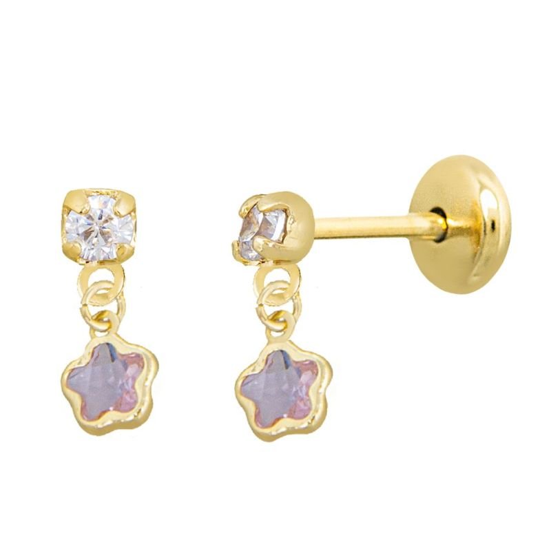 BRINCO BEBÊ PEDRINHA ZIRCÔNIA COM FLORZINHA BANHADO EM OURO