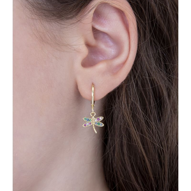 BRINCO INFANTIL ARGOLINHA LIBÉLULA COLORIDA BANHADO EM OURO