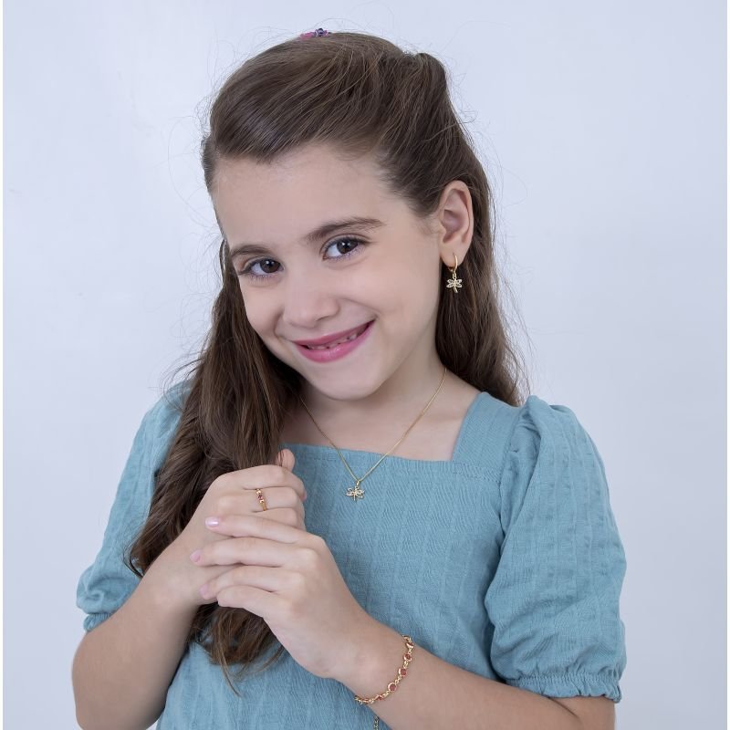 BRINCO INFANTIL ARGOLINHA LIBÉLULA COLORIDA BANHADO EM OURO