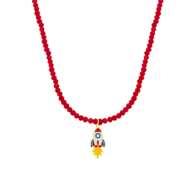 COLAR INFANTIL EM CRISTAIZINHOS COM PINGENTE DE FOGUETE RESINADO