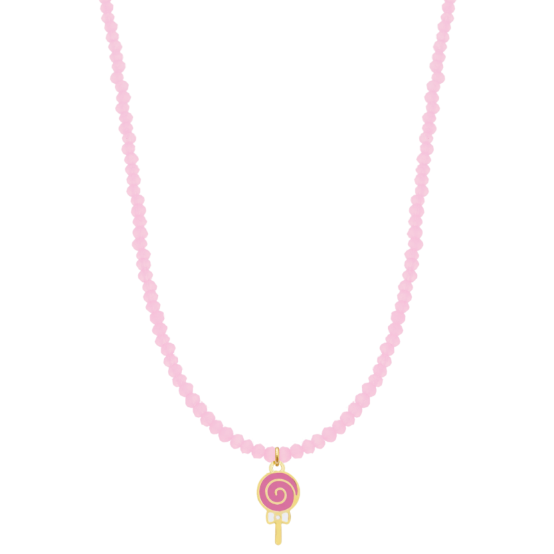 COLAR INFANTIL EM CRISTAIZINHOS COM PINGENTE DE PIRULITO ROSA RESINADO