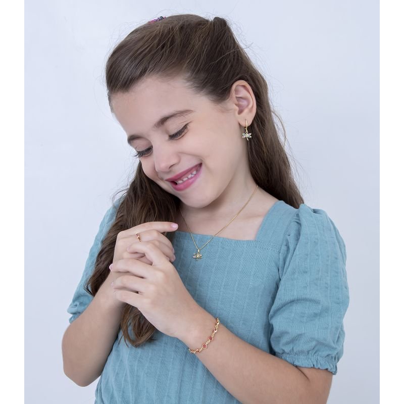 COLAR INFANTIL LIBÉLULA CRAVEJADA COM MICRO-ZIRCÔNIAS COLORIDA BANHADO EM OURO
