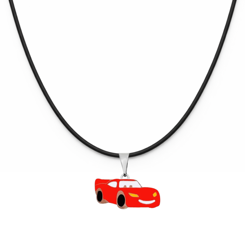 COLAR INFANTIL RESINADO CARRINHO PARA MENINOS – CORDÃO EM COURO SINTÉTICO PRETO