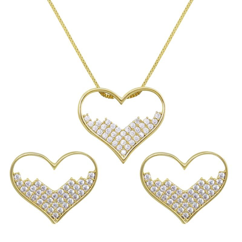 CONJUNTO BRINCO E COLAR CORAÇÃO COM MICRO ZIRCONIA BANHADO EM OURO