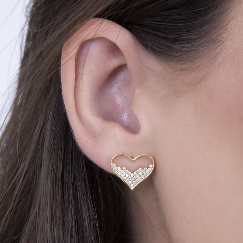CONJUNTO BRINCO E COLAR CORAÇÃO COM MICRO ZIRCONIA BANHADO EM OURO