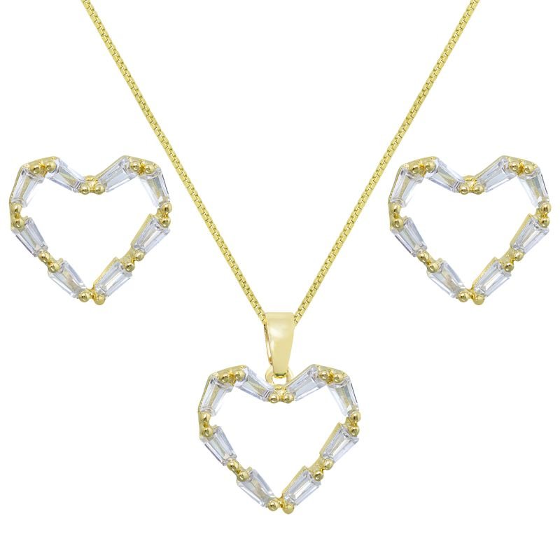 CONJUNTO BRINCO E COLAR CORAÇÃO ZIRCONIA TRAPÉZIO BANHADO EM OURO