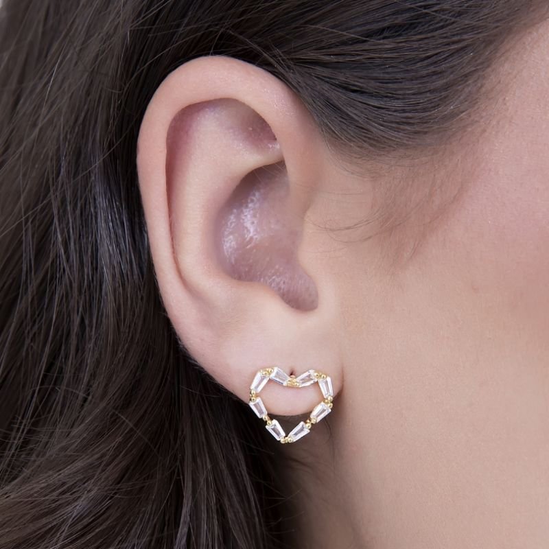 CONJUNTO BRINCO E COLAR CORAÇÃO ZIRCONIA TRAPÉZIO BANHADO EM OURO