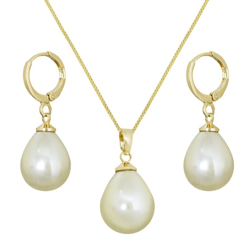 CONJUNTO BRINCO E COLAR GOTA PEROLA BANHADO EM OURO