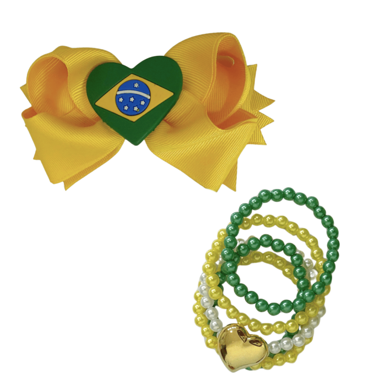 CONJUNTO INFANTIL BRASIL – LAÇO AMARELO COM CORAÇÃO BANDEIRA E PULSEIRAS