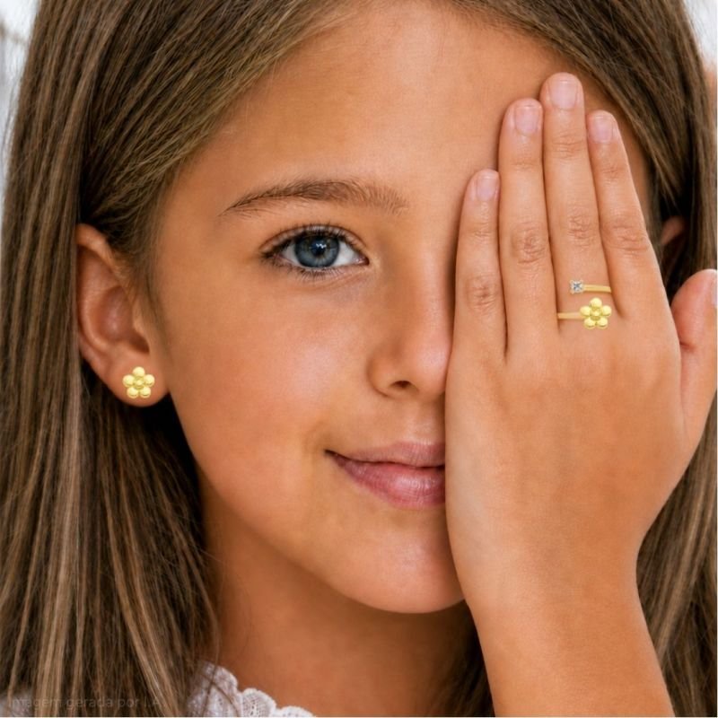 CONJUNTO INFANTIL BRINCO E ANEL AJUSTÁVEL FLORZINHA BANHADO EM OURO