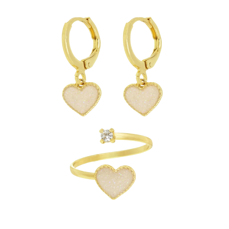 CONJUNTO INFANTIL BRINCO E ANEL CORAÇÃO BRANCO GLITTER BANHADO EM OURO
