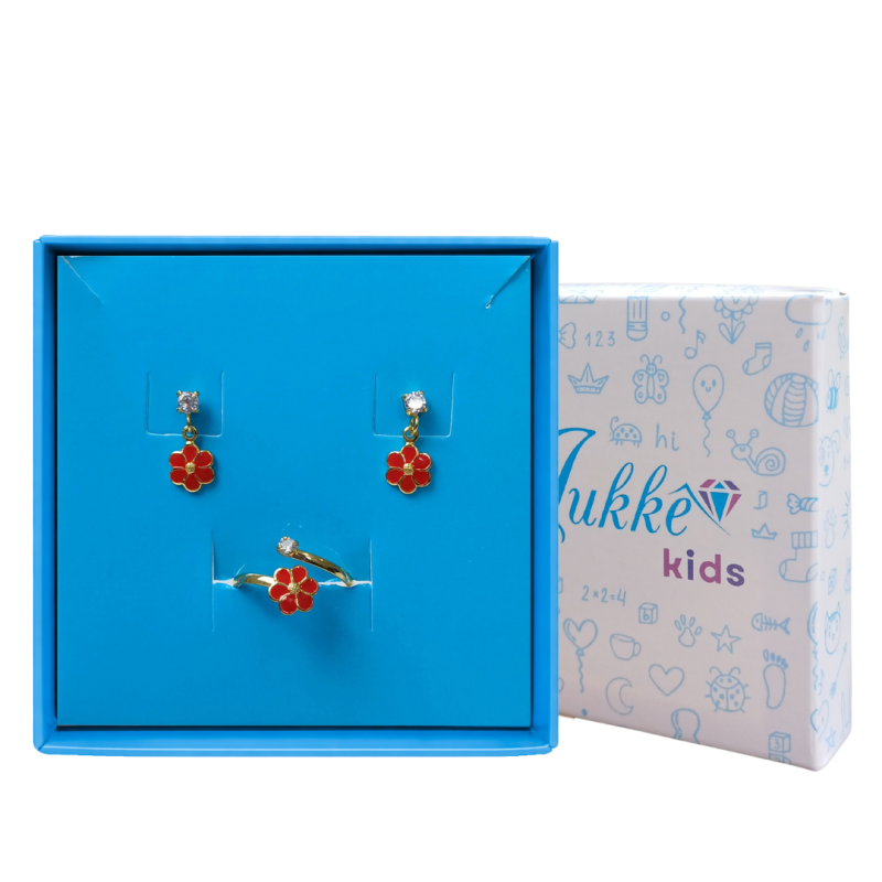 CONJUNTO INFANTIL BRINCO E ANEL FLORZINHA RESINADOS BANHADO EM OURO