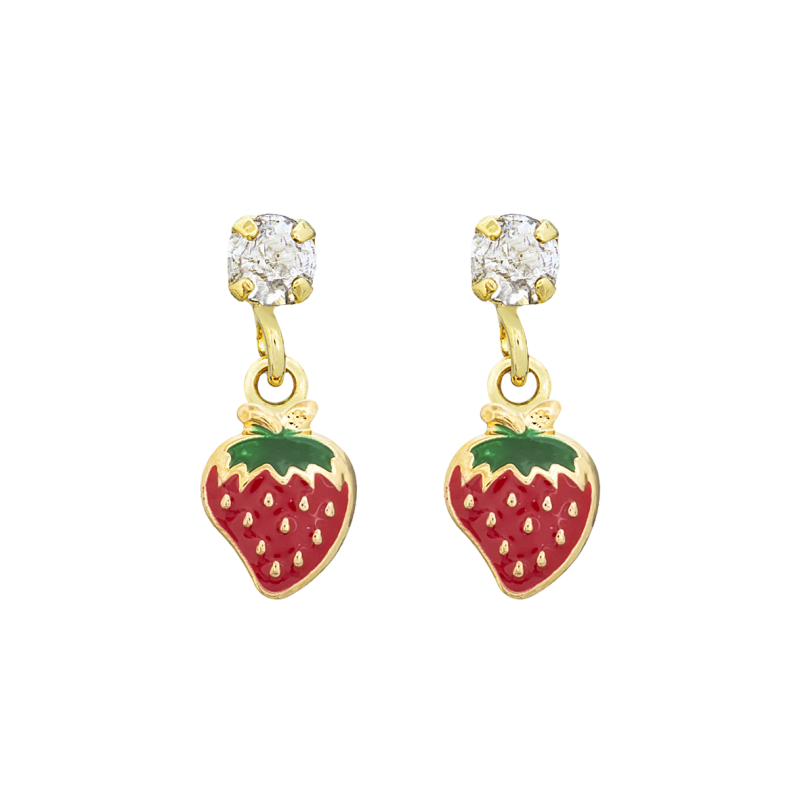 CONJUNTO INFANTIL BRINCO E ANEL MORANGUINHO RESINADOS BANHADO EM OURO