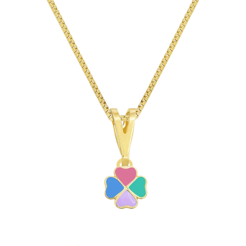 CONJUNTO INFANTIL BRINCO E COLAR TREVO BANHADO EM OURO