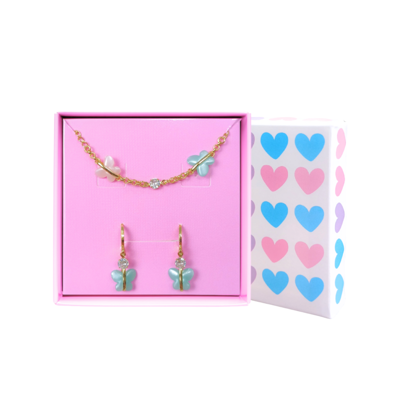 CONJUNTO INFANTIL BRINCO E PULSEIRA BORBOLETA E ZIRCÔNIA BANHADO EM OURO