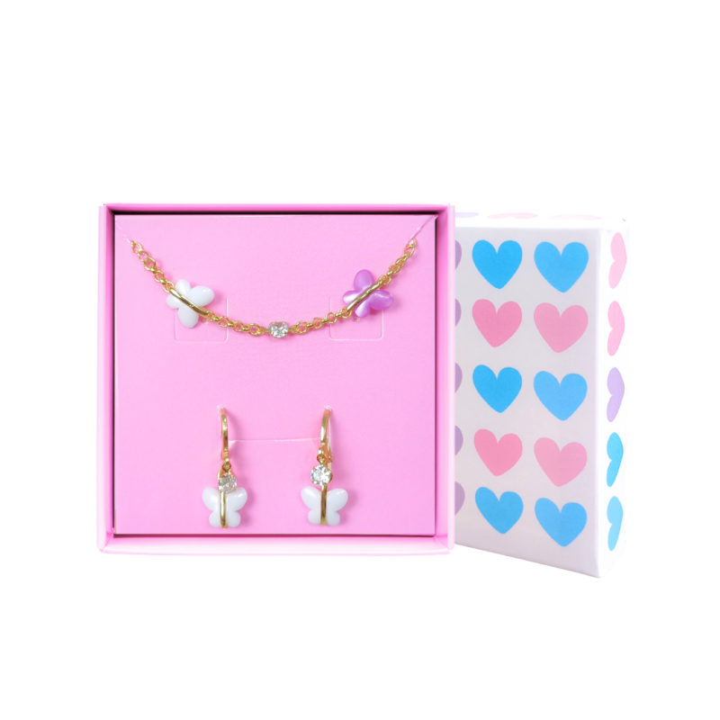 CONJUNTO INFANTIL BRINCO E PULSEIRA BORBOLETA E ZIRCÔNIA BANHADO EM OURO
