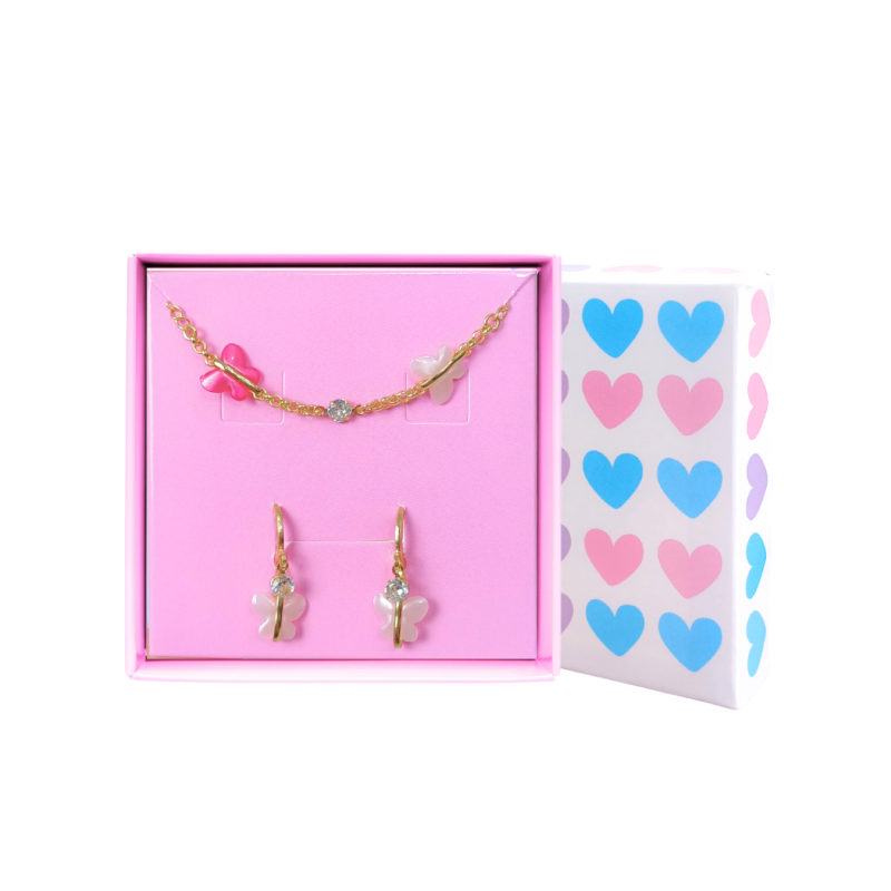 CONJUNTO INFANTIL BRINCO E PULSEIRA BORBOLETA E ZIRCÔNIA BANHADO EM OURO
