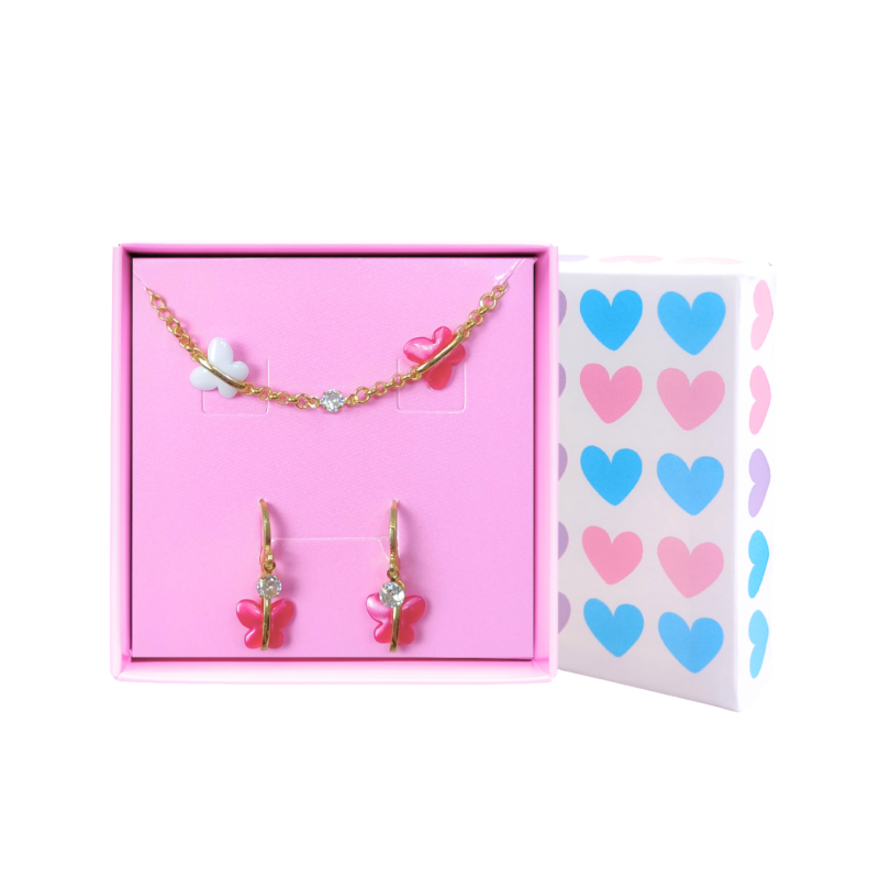 CONJUNTO INFANTIL BRINCO E PULSEIRA BORBOLETA E ZIRCÔNIA BANHADO EM OURO