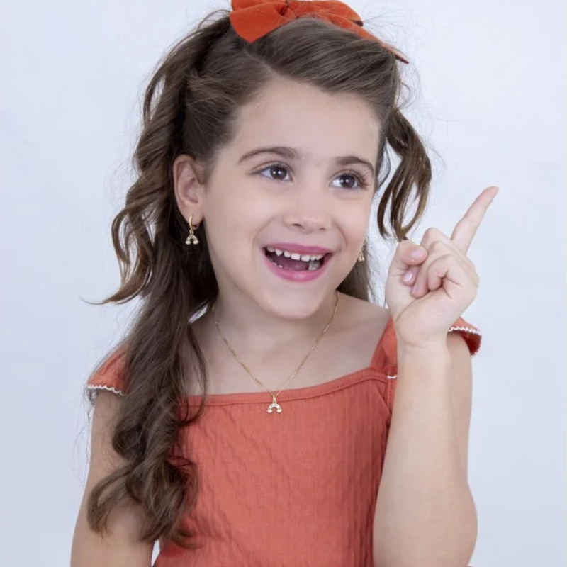 CONJUNTO INFANTIL COLAR E BRINCO ARCO ÍRIS COLORIDO CRAVEJADO BANHADO EM OURO