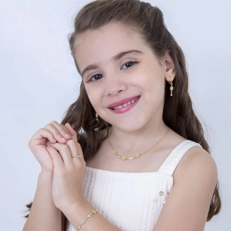 CONJUNTO INFANTIL COLAR E BRINCO MARGARIDA BANHADO EM OURO