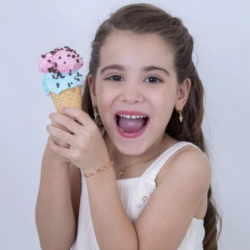 CONJUNTO INFANTIL COLAR E BRINCO SORVETINHO COLORIDO CRAVEJADO BANHADO EM OURO