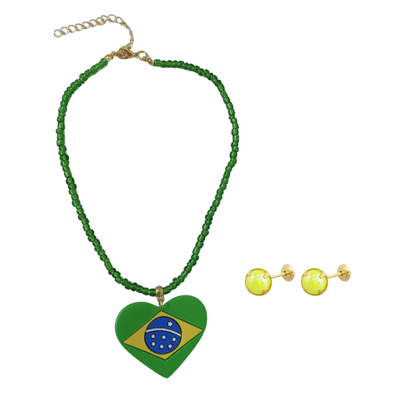 CONJUNTO INFANTIL COPA BRASIL – COLAR COM PINGENTE CORAÇÃO BANDEIRA DO BRASIL E BRINCO