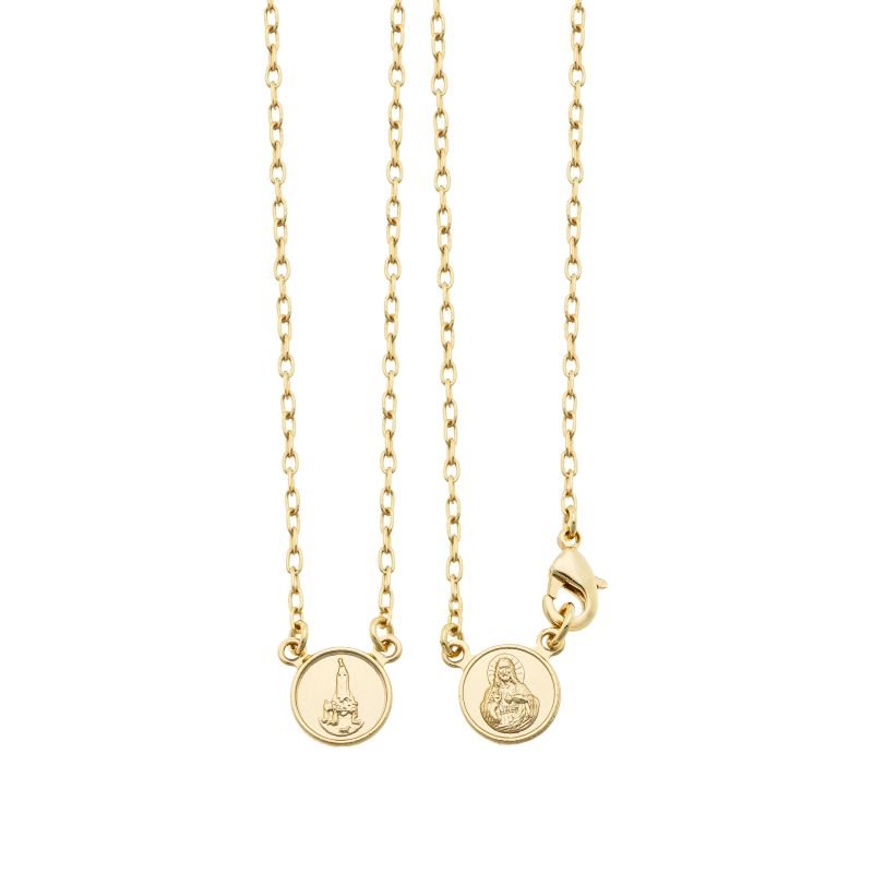 ESCAPULÁRIO INFANTIL 'N.S. DE FÁTIMA' E 'S.CORAÇÃO DE JESUS' BANHADO EM OURO