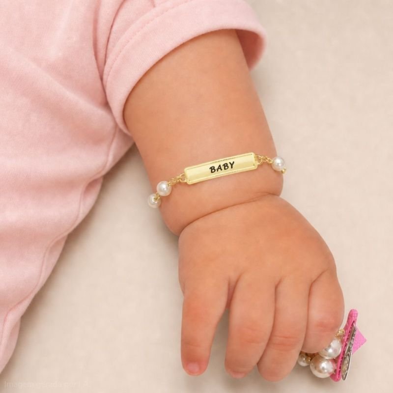 PULSEIRA BEBÊ MENINA PÉROLA PLAQUINHA BABY RESINADA BANHADA EM OURO
