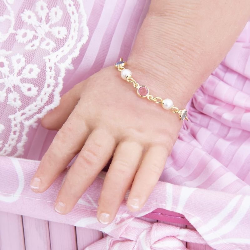 PULSEIRA BEBÊ PÉROLA COM PEDRINHAS COLORIDAS BANHADO EM OURO