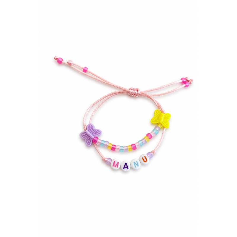 PULSEIRA INFANTIL PERSONALIZADA COM NOME BORBOLETAS E MIÇANGAS AJUSTÁVEL