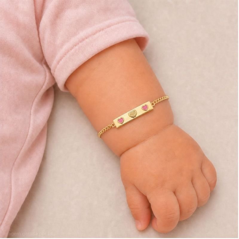 PULSEIRA INFANTIL PLAQUINHA 3 CORAÇÕES BANHADA EM OURO