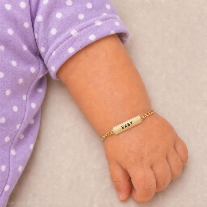 PULSEIRA MENINA BEBÊ CHAPINHA GRAVADA BABY RESINADA BANHADA EM OURO