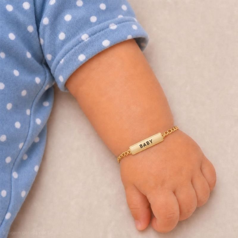 PULSEIRA MENINO BEBÊ CHAPINHA GRAVADA BABY RESINADA BANHADA EM OURO